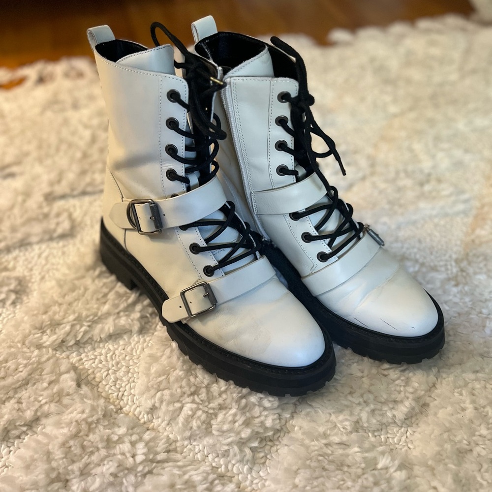Dolce Vita White Combat Boots with Black Accents
